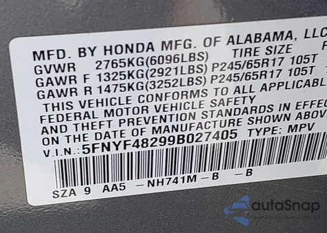 2009 Honda Pilot Lx z USA, uszkodzony, nr VIN 5FNYF48299B027405
